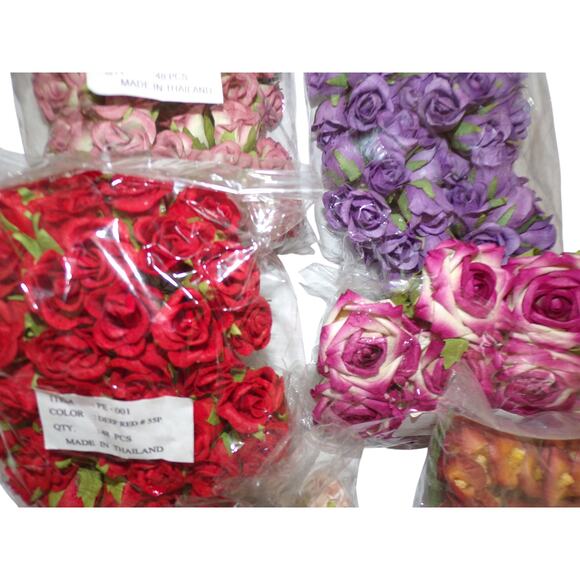 Paper Roses Floral Craft Lot 6 Packages Purple Pink Red Orange Embellishment - Picture 2 of 3